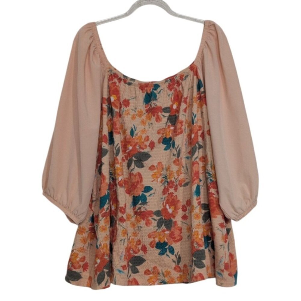 Cato Floral Shirt Womens Plus Size 22/24W Peach Orange Stretch Balloon 3/4 Sleev